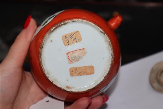 A Chinese coral ground famille rose teapot, late 19th century, H. 13cm